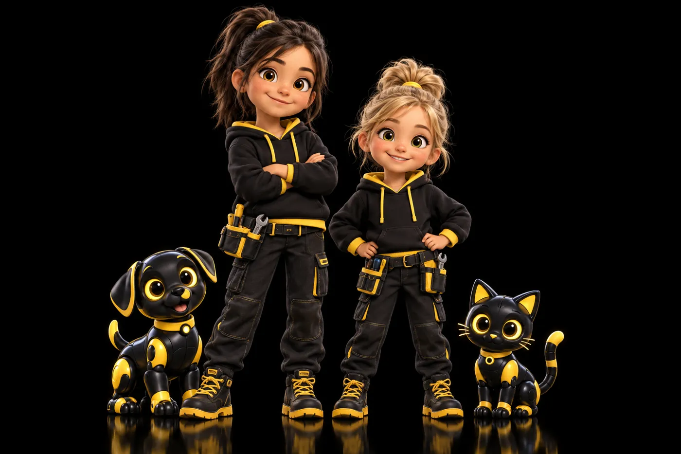 Two young builders in black and yellow hoodies with their robot pets