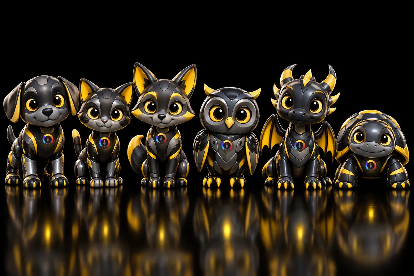 Six Fuel Pets with the Fuel logo on their chests
