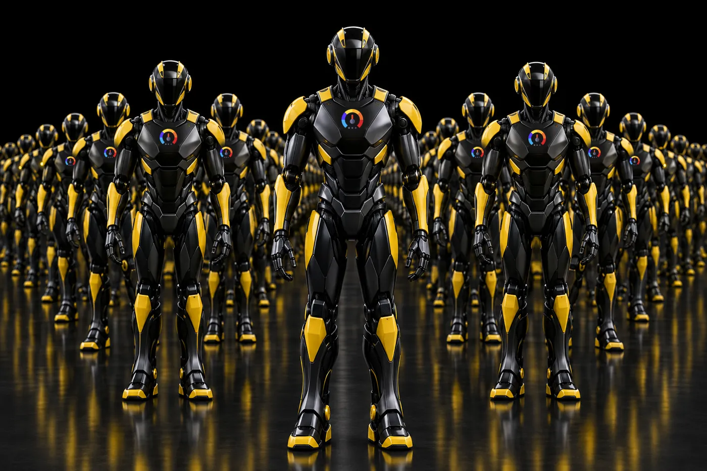 An army of Fuel Bots with the Fuel logo on their chests