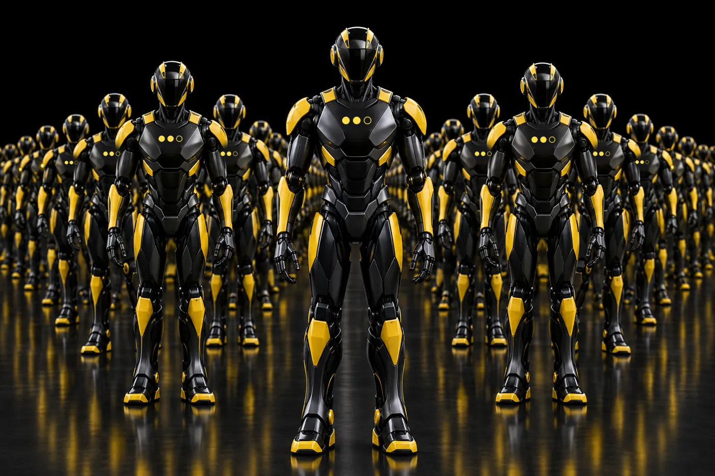 An army of Let Go Bots with the Let Go Boss mark on their chests