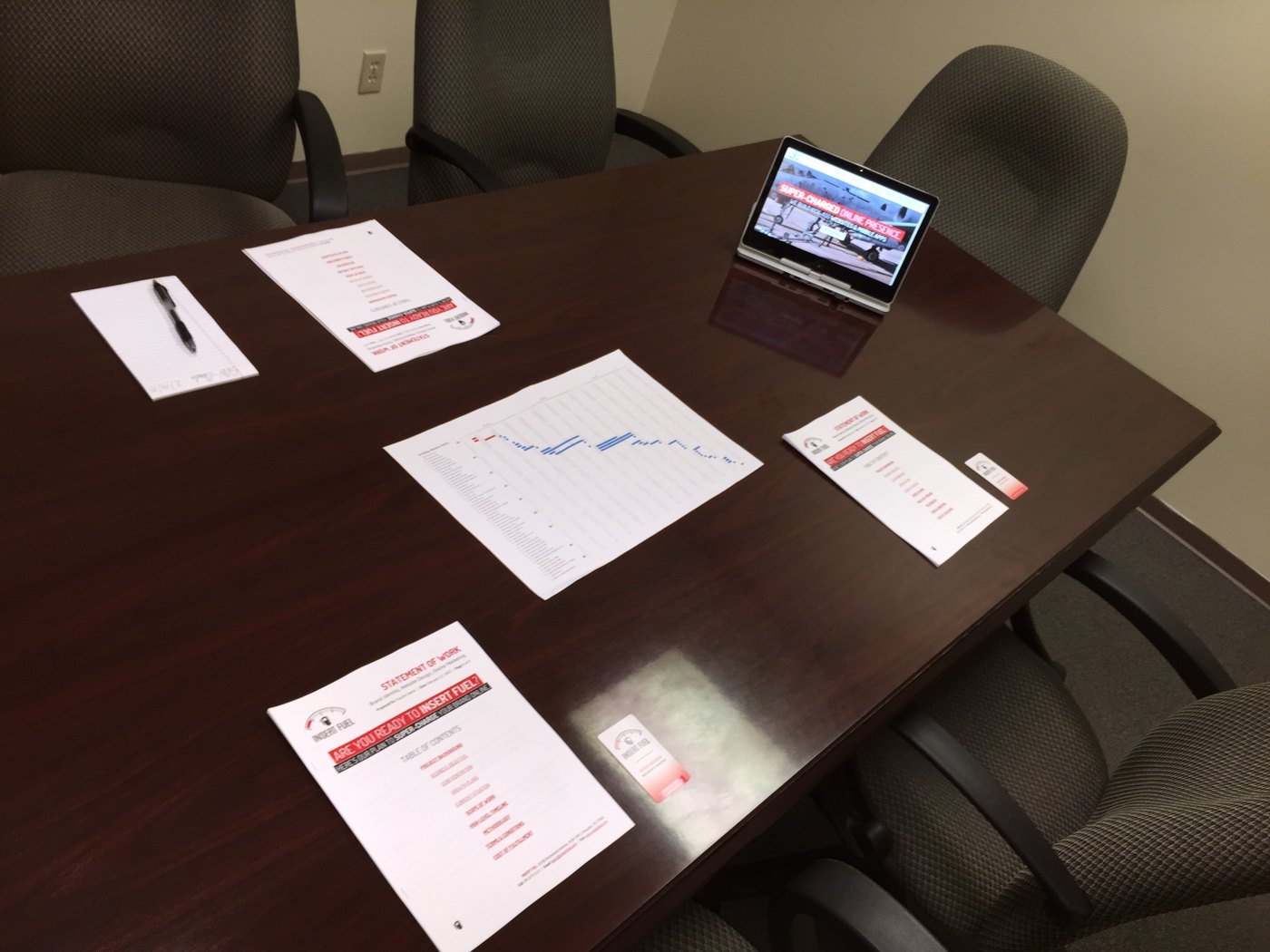 An Insert Fuel client proposal laid out on a conference room table in 2015