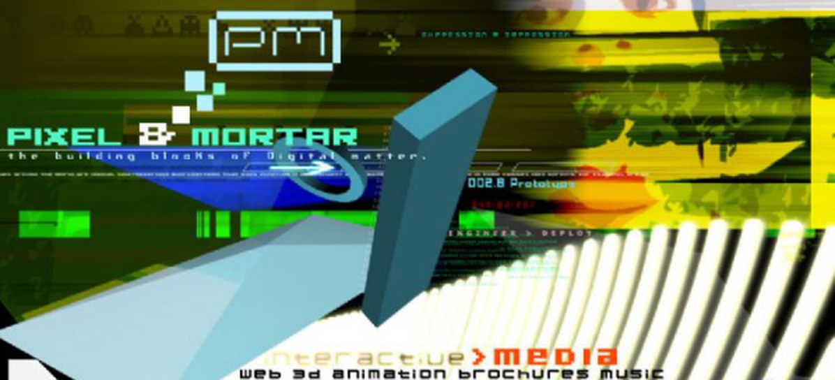 Pixel & Mortar website from 2000, a 3D collage reading interactive media: web, 3D, animation, brochures, music