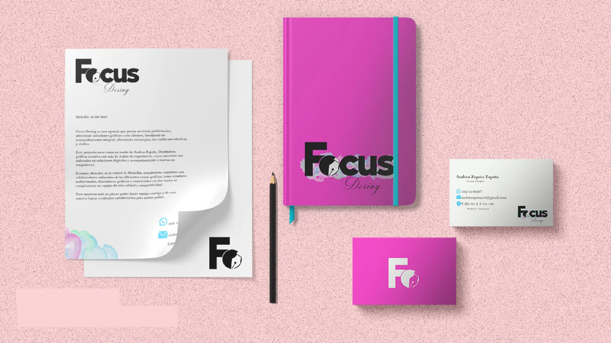 Focus Design stationery: letterhead, notebook, cards