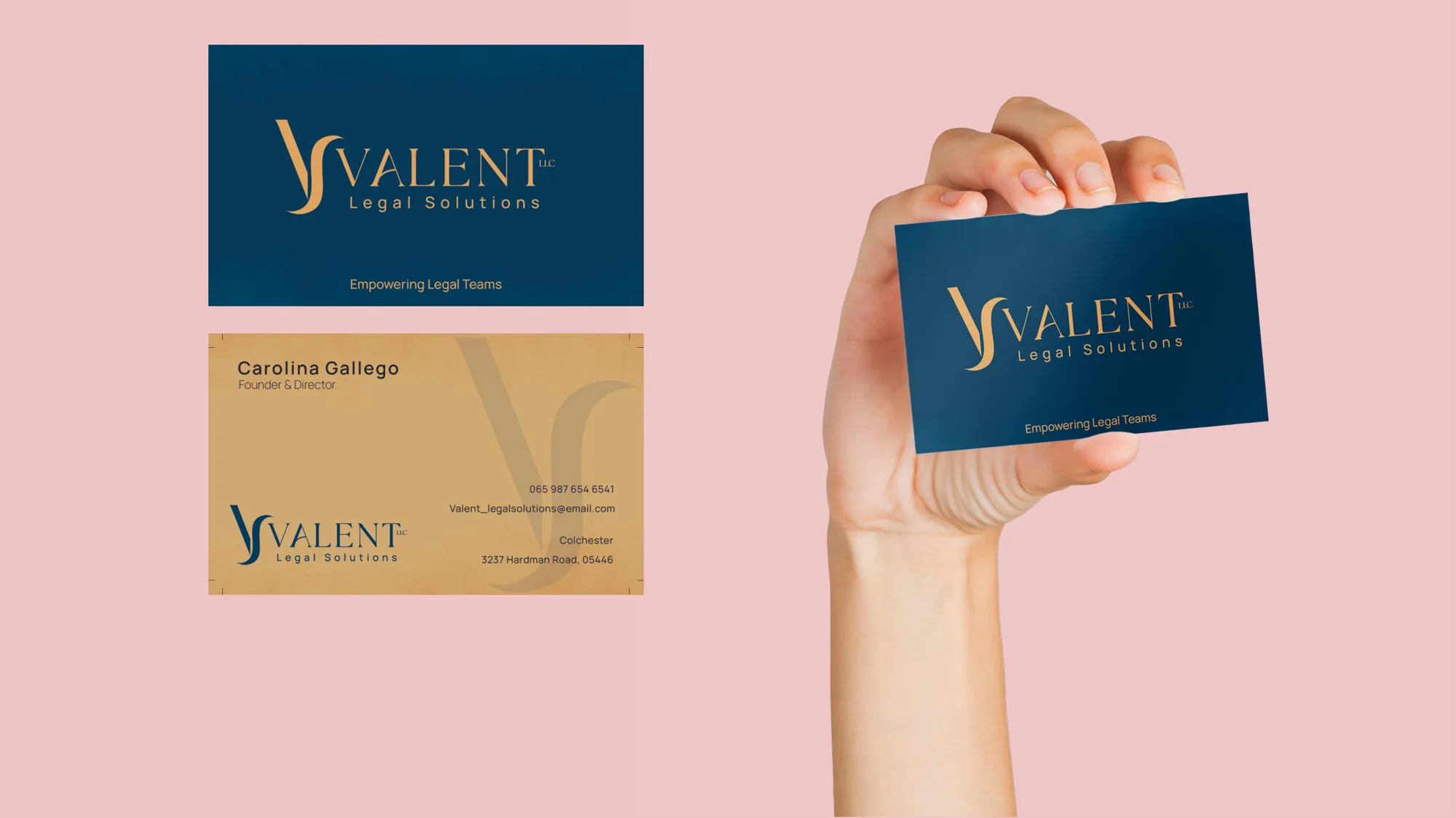 Valent Legal Solutions business cards, navy and gold